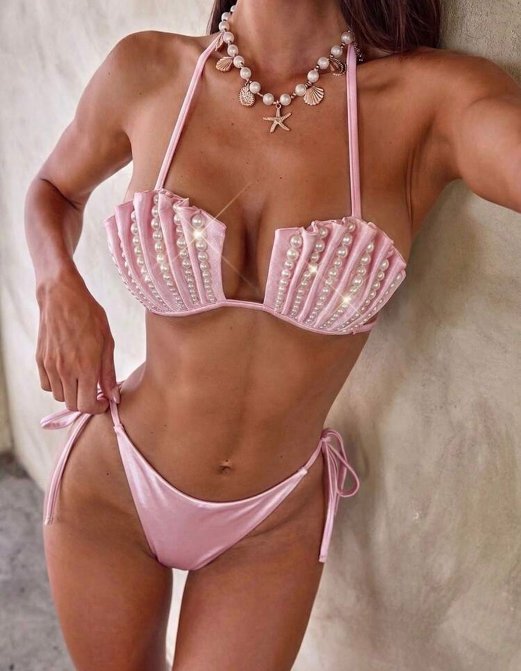 Bombshell Mermaid Bikini Set in off the chain pink with pearl detailing comes with pink pearl wrap