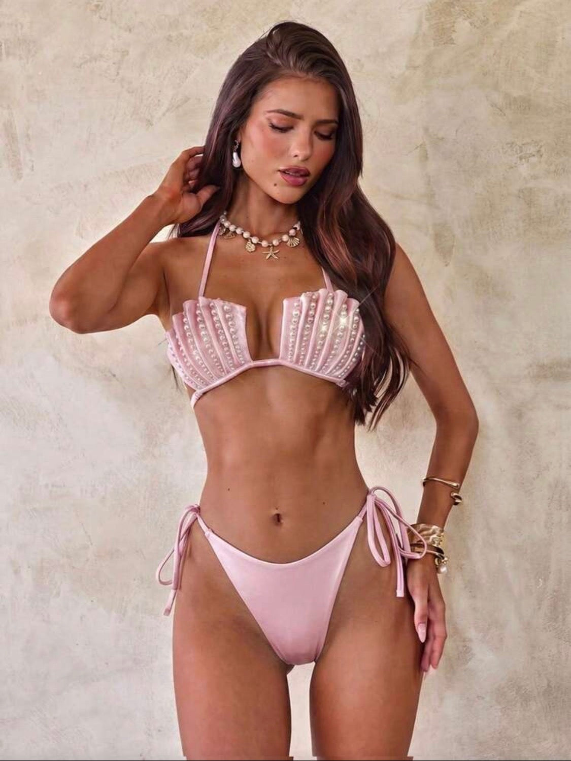 Bombshell Mermaid Bikini Set in off the chain pink with pearl detailing comes with pink pearl wrap