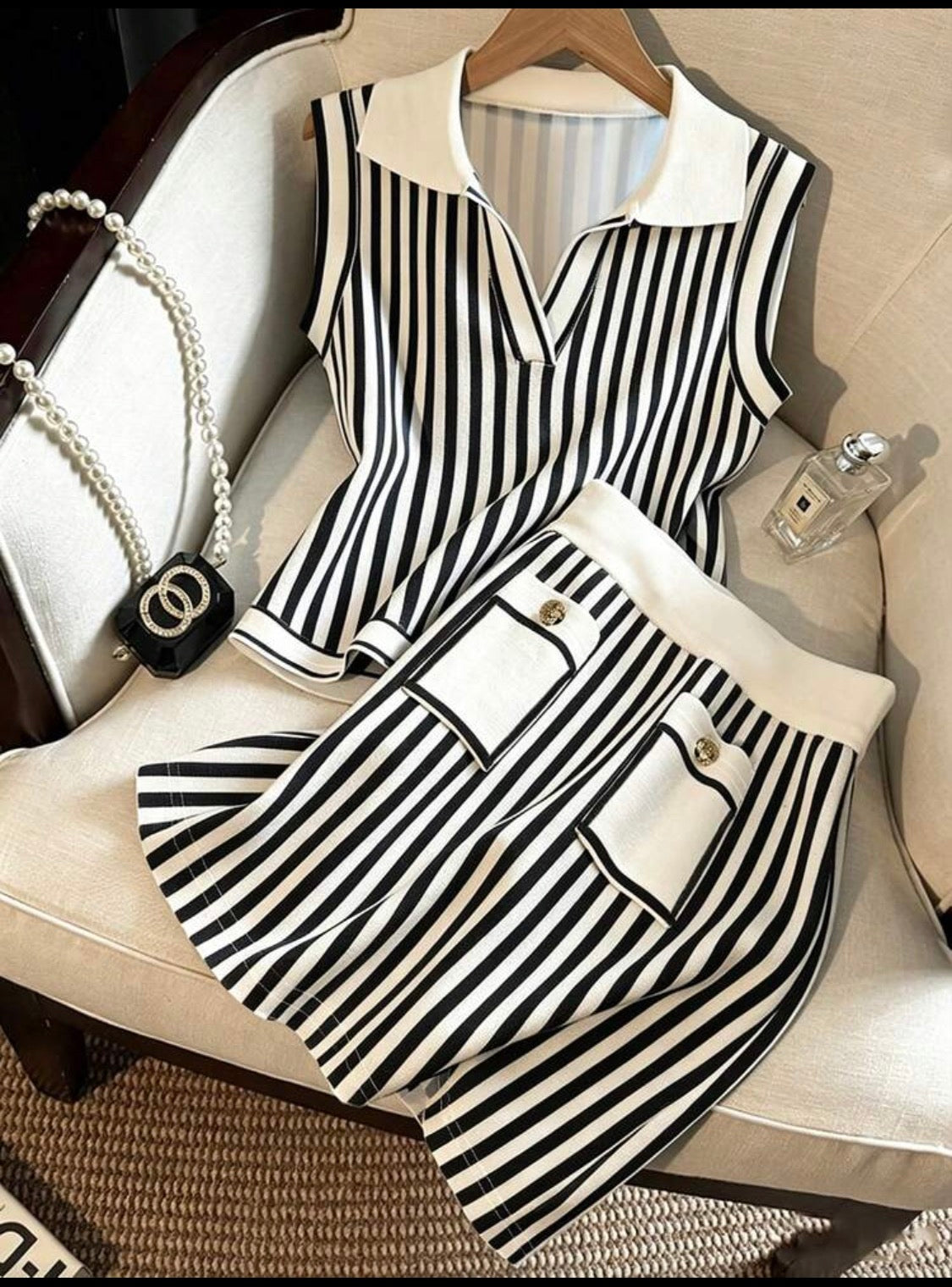 Super HOT - Black & White Striped Sleeveless Two Piece Skirt Set - super cute!